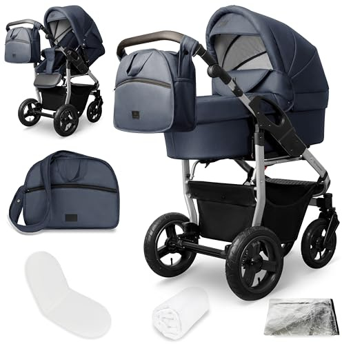 Kombikinderwagen Capri 2-in-1 Babywanne Sportsitz faltbar | Komfortabler Kinderwagen ab Geburt bis 22 kg mit Luftreifen Federung verstellbarem Griff Zubehör und Regenschutz
