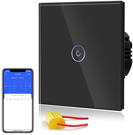 BSEED Smart Light Switch,Wifi Touch Wall Switches With Glass Panel,LED Lights,Work with Alexa/Smart Life App Control,Without Neutral Wire,1 Gang 1 Way,86mm Black