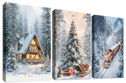 3Pcs Weihnachten Roter Zug Leinwand Bilder Set Mit Rahmen Winter Holzhaus Bild auf Leinwand Malerei Schlitten Geschenke Wandbilder Wohnzimmer Schlafzimmer Esszimmer Feiertage Wanddeko 50x70cm x3pcs