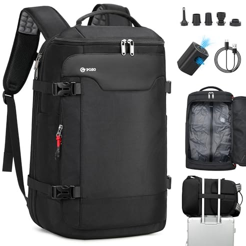 ibeacos Vakuum ryggsäck, 60 l utbyggbar handbagage, ryggsäck, reseryggsäck handbagage, flygplan (djup svart)