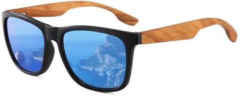 Long Keeper Lunettes de Soleil Bois Homme Femmes Lunettes de Soleil Classique Monture en Bois Lunette à Carré Verre Miroir Protection UV400 pour Conduite Pesca