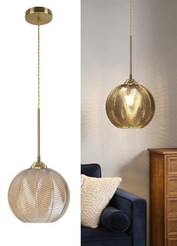 bomiel Bernstein Glas Pendelleuchte Ø25 cm Blattmuster Metall, Höhenverstellbar, E27, für Esszimmer, Wohnzimmer (Ohne Leuchtmittel)