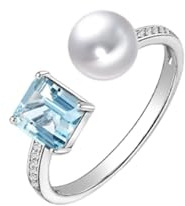Zarter Ring Damen, Ring Weißgold Schlicht 14K Öffnen Sie mit Aquamarin, Perle und Diamant Größe 62 (19.7)