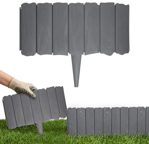 Rasenkante Kunststoff 4.6m, Holzoptik Beeteinfassung, Beetumrandung Kunststoff, Beetumrandung Garten, Palisade Gartenzaun für Garte, Grau