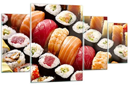 Mehrteilige Bilder auf Glas 160x90cm Glasbild Japan Asien Sushi Fisch Groß XXL Wanddeko Schlafzimmer Küche Set 4 teilige Wandbilder Dekoration Wohnzimmer Modern Wand Kunstdruck Art GDL160x90-0455