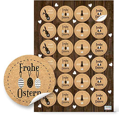 Aufkleber Set Ostern: 24 Runde Ostersticker, Hochwertiger Druck, Weiß/Schwarz/Natur mit Osterhasen & Frohe Ostern Schriftzug, Selbstklebend, Für Geschenke, Tüten & Karten, Made in Germany, ⌀ 4 cm