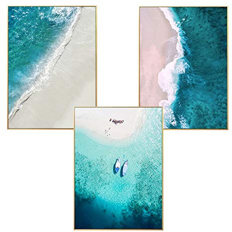 Martin Kench Stilvolles Poster 3er Set, Meer Strand Blau Waaer Posterset Leinwanddruck Bilder ohne Rahmen, Kunstdruck Print Bilder für Wohnzimmer (Stil C,30 x 40 cm)