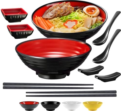 Practimondo 2 Noodle Bowls Set (10 pieces) - large 32oz Ramen Bowl Set for authentic Asian Cuisine - comes with Dipping Bowls, Spoons, Chopsticks and Stand. Enjoy Thai Miso, Udon or Wonton