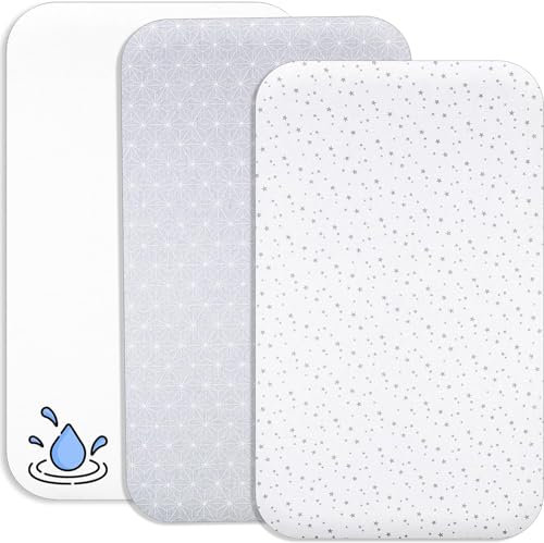 Lovely Hippo 2X Spannbettlaken 83x50cm 100% Baumwolle + 1X Matratzenschoner 100% wasserdichtem Material - Set 3X - Kompatibel Chicco, Kinderkraft (Sternzeichen, Grau, 50 x 83 cm)