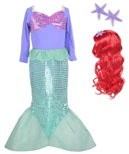 Lito Angels Prinzessin Arielle Meerjungfrau Kleid Kostüm Party Verkleidung mit Haar Perücke für Kinder Mädchen Größe 4-5 Jahre 110 (Tag-Nummer 110)