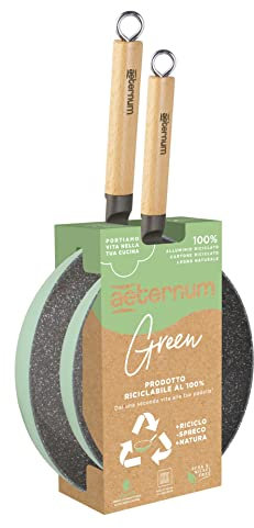 Aeternum Green Induction Wood, Due Padelle Antiaderenti, Adatto a Induzione, Manici in Legno di Faggio, Diametro 24 cm e 28 cm, 100% materiali riciclabili, Verde
