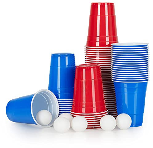 Stagecaptain Set de Vasos y Pelotas para Beer Pong 100 Vasos de Repuesto para Juego de Beer Pong - 50 Vasos en Rojo y 50 en Azul - 6 Pelotas Blancas