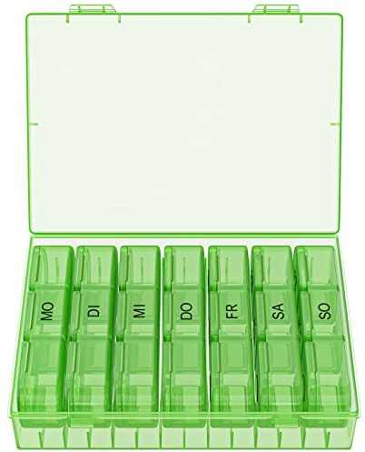 WELLGRO Tablettenbox für 7 Tage - Pillendose je 3 Fächer pro Tag - Klappdeckel mit Druckverschluss - Aufbewahrungsbox - BPA-freier Kunststoff, Farbe:Grün