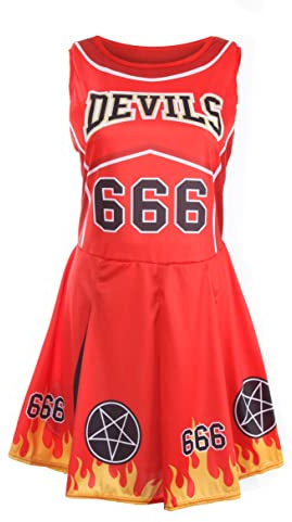 Ladies Halloween Devil Cheerleader - Red and Black Cheerleader Dress with Flame Design - Womens Halloween Fancy Dress Costume