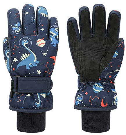QKURT Bambini Guanti da Sci, Inverno Guanti da Neve Impermeabili, Muffole Foderati in Pile Caldo, Dinosauro Bambini Muffole per Sledding Snowboard Sci per Ragazzi e Ragazze di età 4-6