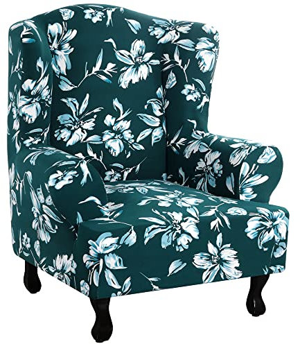 Highdi Ohrensessel Bezug 1-Teilig Elegantes Blumenmuster Sesselbezug, Sesselüberwürfe Ohrensessel Überzug Stretch Sesselhusse mit Armlehne für Relaxsessel, Fernsehsessel (Dunkelgrün)