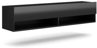 Meublorama Mobile Porta TV sospeso Design Cluj, 140 cm, 1 Anta e 2 vani, Colore Nero e Nero Lucido.