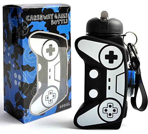 CARESWAY Kids Water Bottle with Keyring – 600 ml Girls and Boys Game Drinking Bottle For School - Leakproof Reusable BPA Free for Children Drinks (Black)