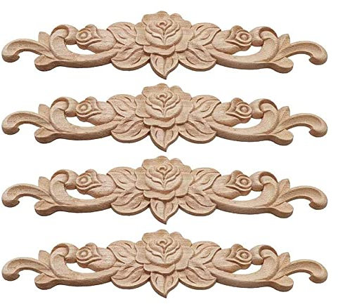 Hezhou Holz Ornament Holzornamente für Möbel Vintage Deko Geschnitztes Holz Skulptur Applique Onlay Lange Geschnitzte Holzschnitzerei Applikation Unbemalte für Möbel (F)