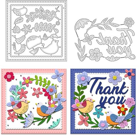 BENECREAT 2 Stück Vogel-Blumen-Blatt-Kranz-Stanzformen, Dankeschön-Kunstwort-Metallschablonen, Scrapbooking-Werkzeuge Für Die Kartenherstellung, DIY-Bastelarbeiten, Kunsthandwerksbedarf
