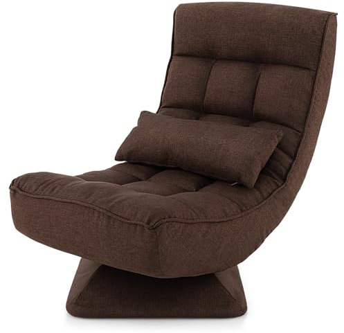 RELAX4LIFE Folding Sofa Chair, 360 Degree Swivel Lazy Floor Chair with 4-Position Adjustable Backrest and Lumbar Pillow, High Back Padded Reading Gaming Lounge Recliner for Living Room Bedroom (Brown)
