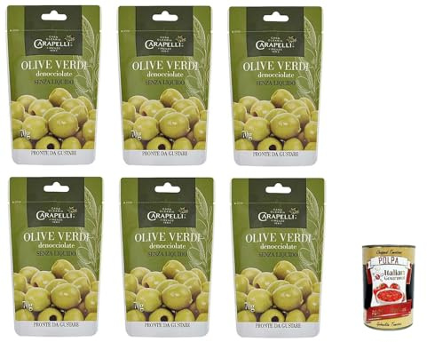 Italian Gourmet Olive verdi denocciolate 6 x 70g grün, mild & knackig Snack | Senza nocciolo, in salamoia; ideal als Beilage, Aperitif oder zum Verfeinern, Gesamtnettogewicht 420 g + Kostenlos Polpa 400g