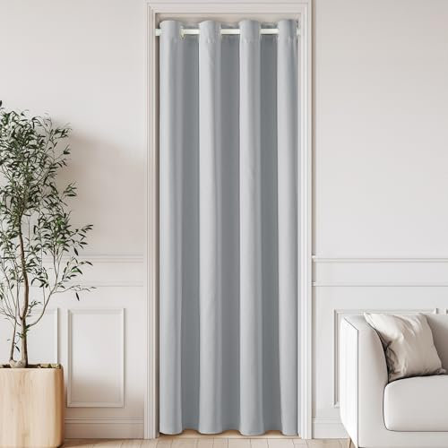 PONY DANCE Türvorhang mit Teleskopstange Verdunkelungsvorhang Silbergrau + Stange Weiß Thermovorhang Hitzeschutz Tür ohne Bohren H 200 x B 150 cm, Stange 45-130 cm