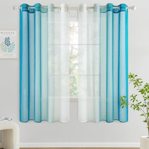 Woaboy Voile Vorhang Zweifarbiger Vorhang mit Ösen Transparente Gardine Ösenschal Dekoschal Fensterschal Lichtdurchlässig für Schlafzimmer und Wohnzimmer 2er Set 140x145cm Wasserblau