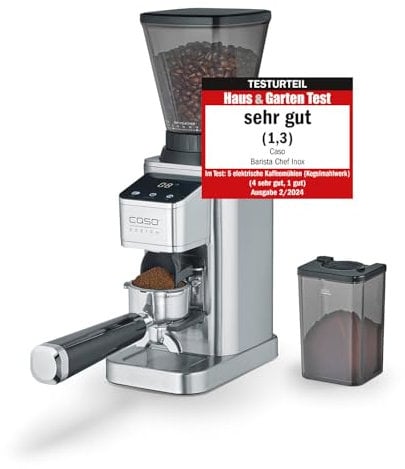 CASO BaristaChef Inox - elektrische Kaffeemühle, Testurteil: Sehr Gut, Edelstahl-Kegelmahlwerk, mit Siebträgerhalterung, 48 präzise Mahlgradstufen
