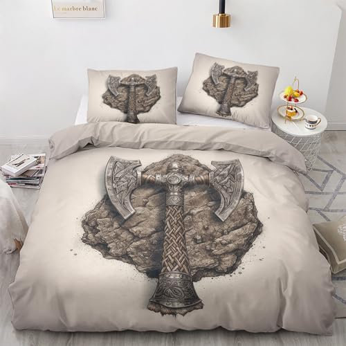 WQIZXCW Wikinger Bettwäsche 135x200 - Viking Motiv, Weiche und Angenehme Microfaser Bettbezug Set 2 Teilig, 1 Kissenbezug 80x80, mit Reißverschluss, Wendebettwäsche & Zimmer Deko