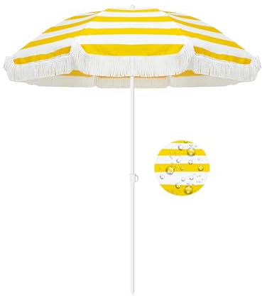 ELZEM 180cm Parasol De Jardin Extérieur Avec Frange Jaune Parasol Balcon Inclinable Parasol Plage Anti Uv Parasol De Marché Anti Vent Pour Terrasse Balcon Piscine Jardin Plage/8 Baleines