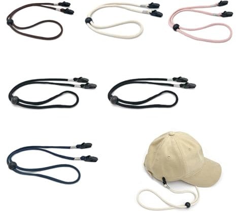 6 Stück Hutschnur,Verstellbare Hutband Clips,Winddichter Fischerhut Seilclip,Anti-Verlust Hutclip zum Angeln,Wandern,Camping,Reisen,Bootfahren (Schwarz,Rosa,Beige,Blau,Kaffee)