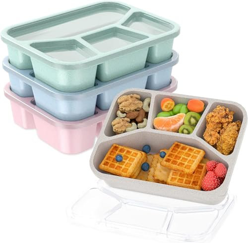 SGAONSN 4 Pack Bento Lunch Box for Adults and Kids,4 Compartment Meal Prep Containers,Reusable Food Storage Containers with Transparent Lids, Microwaveable (Green/Blue/Pink/Beige)