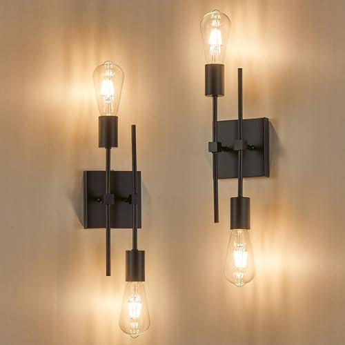 SUCIKORIO 2 Stück Wandleuchte E27 Schwarz, Vintage Industrial Wandlampe Innen Retro Up Down Wandbeleuchtung 2 Spots Vertikal Flurlampe Wand Lampe Für Schlafzimmer, Badezimmer, ohne Leuchtmittel