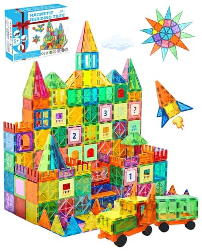 E-SMARTER Magnetic Tiles 116p, Magnetic Building Blocks for Kids with Exquisite Packaging, Educational Kids Learning Construction Toys with 2 Car Wheel Blocks, Age 3+ Boys Girls