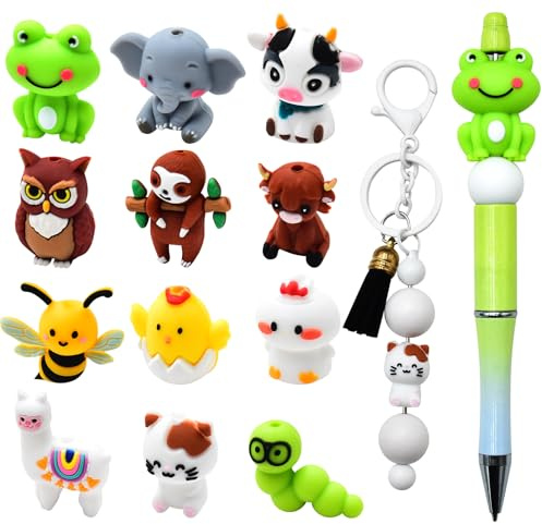 WOZADU 3D Animal Silicone Beads for Keychain Making, 12 PCS Silicone Focal Beads for Pen, Loose Beads for Bracelet Necklace Lanyard Jewelry and Handmade Crafts Making