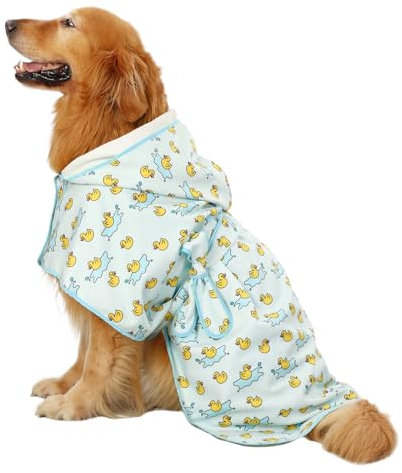 HDE Hundebademantel, super saugfähig, schnell trocknend, Handtuch mit Kapuze, für alle Hunderassen, Größen S-XXL – Gummienten-Pfützen – XXL