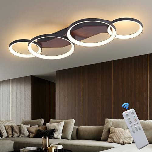 LED Deckenleuchte Holz Dimmbar Wohnzimmerlampe mit Fernbedienung, 45W 80cm 4 Ring schwarz Walnuss Schlafzimmerlampe, Farbtemperatur 3000-6000K, Helligkeit 10-100%, 4W Nachtlicht, Memory-Funktion