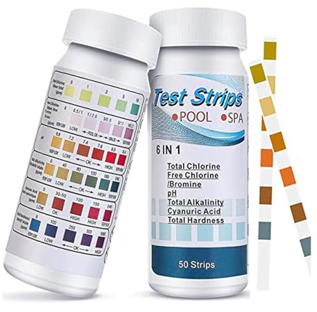 50 Pcs Hot Tub Test Strips,6 in 1 Swimming Pool Spa & Hot Tub Chemicals Water PH Test Strips for Rapid Measurement of Residual Chlorine,Total Alkalinity,Total Hardness,Bromine and pH Testing