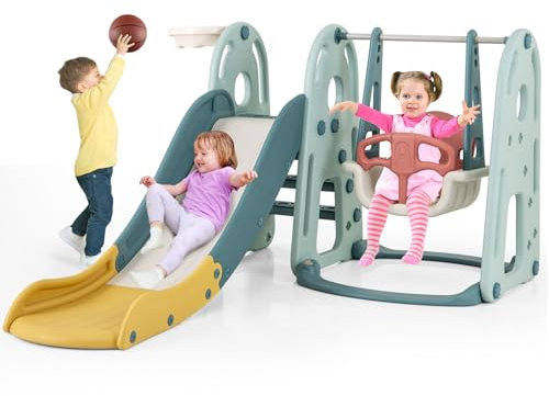 COSTWAY 4 en 1 Toboggan Enfant avec Balançoire Réglable & Panier de Basketball, Aire de Jeux d'Intérieur avec Échelle d’Escalade & Ballon & Pompe, Charge 30kg pour Enfants de 18 Mois+
