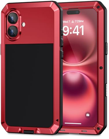 Lanhiem for iPhone 16 Metal Case, Heavy Duty Shockproof Tough Rugged Case with Built-in Glass Screen Protector, 360 Full Body DustProof Protective Cover for iPhone 16 6.1, Red