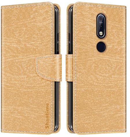 Striped PU Leather Wallet Phone Case Compatible with Nokia 7.1, Slim Magnetic Flip Cover with Card Slots and Stand Function (Gold)