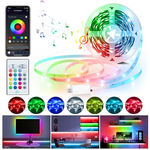 LED Strip 10 m, dimmbare 5050 RGB LED Streifen mit IR Fernbedienung und App-Steuerung, Musik sync, Farbwechsel, TV LED Hintergrundbeleuchtung, USB-selbstklebendes LED Lichterset für Heim-TV, PC-Monito
