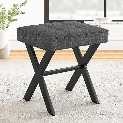 LUE BONA Fußhocker,Make-up Hocker mit X-Bein,Polsterhocker,Schminkhocker,Ottoman Sitz Fußstütze Hocker,Leinen Sitzhocker für Wohnzimmer,Schlafzimmer,43 x 33 x 46 cm,AnthrazitGrau-Schwarze