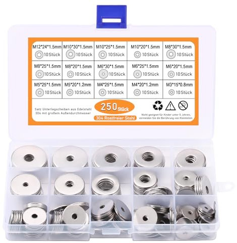 250-teiliges Edelstahl Unterlegscheiben Sortiment 15 Größen M3 M4 M5 M6 M8 M10 M12 Flachscheiben für Schrauben Muttern und Bolzen Langlebig Rostfrei Vielseitiges Hardware Set