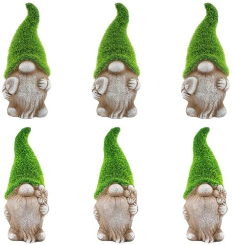 Lot de 6 nains de jardin en forme de chapeau en mousse de 18 cm, adorable gonk effet pierre avec chapeau floqué vert tenant une pelle – Parfait pour la décoration de la maison et du jardin, figurine