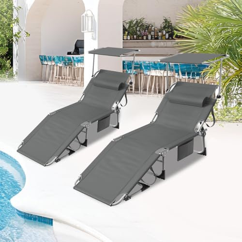 2er Sonnenliege mit Dach 195x69cm, wetterfeste Gartenliege XL, Strandliege klappbar & leicht, mit Sonnenschutz & verstellbarer Rückenlehne, bis 150 kg, ideal für Garten Terrasse Camping, Anthrazit
