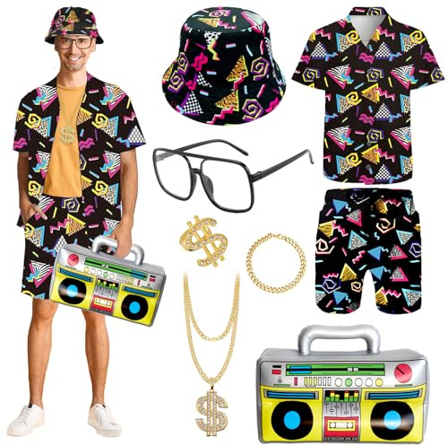 Dazzroi Retro 80s 90s Hip Hop Outfit for Adults, Fancy Dress Set with Sportswear Shirt&Short, Hat Dollar Ring Necklace Bracelet Inflatable Radio Glasses, Beach Tracksuit for 80s Party (Black, XL)