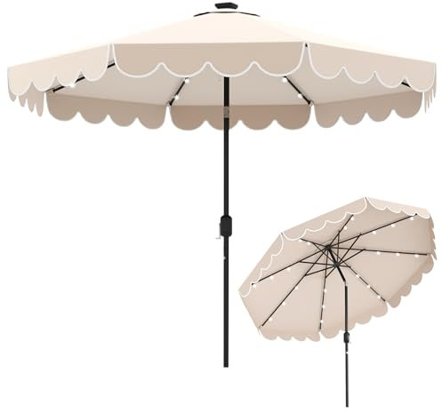 KOMFOTTEU 300 cm Sombrilla Terraza Exterior con 24 Luces LED, Sombrilla de Jardín Inclinable 35° con Manivela y 8 Varillas, Parasol de Mercado para Patio, Balcón, sin Base (Beige)