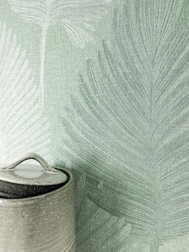 Newroom Tapete Salbei Vliestapete Palmenblätter - Glanztapete Modern Grün Silber Pflanze Leicht glänzend Mustertapete Tropisch Blumentapete Dschungeltapete inkl. Tapezier-Ratgeber